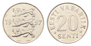 Эстония 20 сентов 1997 KM 23a сталь плакированная никелем UNC 4689-714