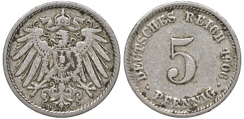 ГЕРМАНИЯ 5 ПФЕННИГОВ 1906 D, KM 11, J. 12 медно-никель 45-1126