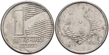 Бразилия 1 крузейро 1990 KM 617 нержавеющая сталь 201-764