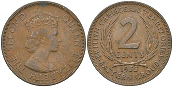 Восточные Карибы 2 цента 1955 KM 3 бронза 4619-1245