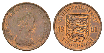 Джерси 2 пенса 1981 герб, Елизавета II (1952-2022) KM 47 бронза 4656-1124