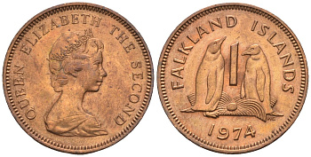 Фолклендские острова 1 пенни 1974 Елизавета II (1952-2022), папуанский пингвин KM 2 бронза 220-868
