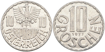 АВСТРИЯ 10 ГРОШЕЙ 1977 КМ 2878 алюминий 4573-236