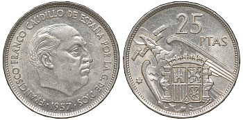Испания 25 песет 1957 (70) Франсиско Франко (1939-1975) KM 787 медь никель цинк 4168-1122