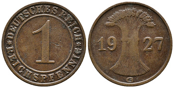 ГЕРМАНИЯ 1 РЕЙХСПФЕННИГ 1927 G KM 37, J. 313 бронза 39-951