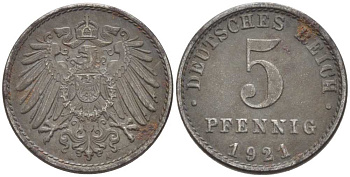 Германия 5 пфеннигов 1921 A KM 19, J. 297, Weege 5 железо 99-758