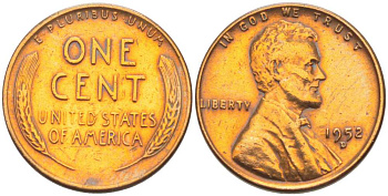 США 1 ЦЕНТ 1952 D, ЛИНКОЛЬН KM А132 медь цинк 218-621