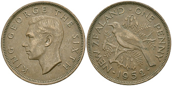 Новая Зеландия 1 пенни 1952 Георг VI (1936-1952), новозеландский туи KM 21 бронза 4120-115