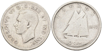 Канада 10 центов 1942 Георг VI (1936-1952), парусник KM 34 серебро 4580-344