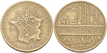 Франция 10 франков 1977 тип Матье KM 940, Le Franc 365.9-10 никель латунь 111-1011