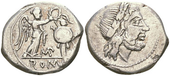 Римская Республика викториат 211-208 гг. до н.э. голова Юпитера / Виктория с трофеем, ROMA, монетный двор в Италии, R, 2,72 гр Crawford 93/1a серебро 1073-19-15