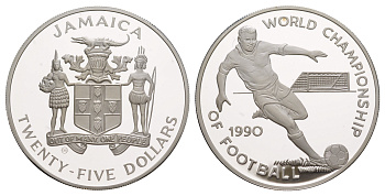 Ямайка 25 долларов 1990 Чемпионат мира по футболу 1990, Италия KM 142 серебро PROOF 1079-2-44