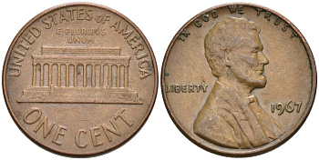 США 1 цент 1967 Линкольн KM 201 медь цинк 4564-443