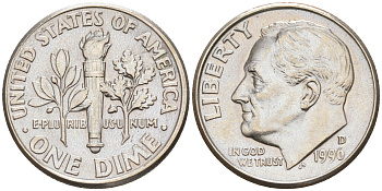 США 10 ЦЕНТОВ = 1 ДАЙМ 1996 D, РУЗВЕЛЬТ KM 195a медь плакированная медно-никелем 188-722