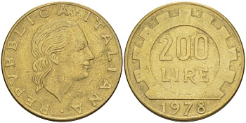 Италия 200 лир 1978 R, шестерня KM 105 алюминиевая бронза 113-1255