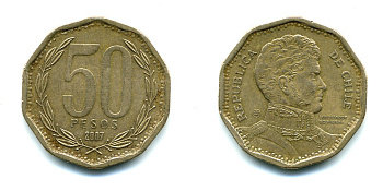 Чили 50 песо 2007 Бернардо О’Хиггинс KM 219.2 алюминиевая бронза 35-451