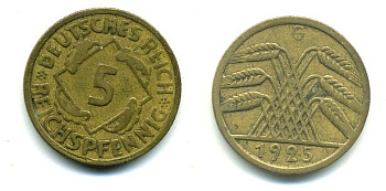 ГЕРМАНИЯ 5 РЕЙХСПФЕННИГОВ 1925 G, KM 39, J. 316 алюминиевая бронза 46-2329