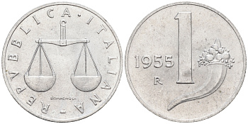Италия 1 лира 1955 R, весы KM 91 алюминий  UNC  4594-736