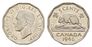 Канада 5 центов 1946 бобр Dot, Георг VI (1936-1952) KM 39a никель 4636-556