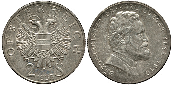 Австрия 2 шиллинга 1935 25 лет со дня смерти Карла Люгера KM 2855 серебро 413-1231