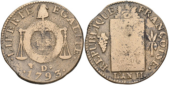 Франция 1 соль 1793 D, L'AN II, первая республика (1793-1794) KM 619.5 бронза 81-1211