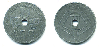 БЕЛЬГИЯ 25 САНТИМОВ 1944 BELGIE-BELGIQUE, ГЕРМАНСКАЯ ОККУПАЦИЯ, ВТОРАЯ МИРОВАЯ ВОЙНА KM 132 цинк 4385-536