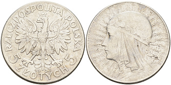 Польша 5 злотых 1933 w, королева Ядвига KM 21 серебро 4589-833