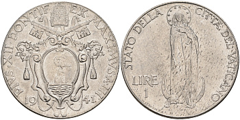 Ватикан 1 лира 1941 Пий XII, Дева Мария KM 26 a сталь UNC 63-943