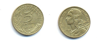 ФРАНЦИЯ 5 САНТИМОВ 1980 ТИП MARIANNE KM 933 медь алюминий никель 4379-563