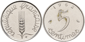 Франция 5 сантимов 1962  KM 927 хромированная сталь    4152-1216