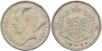 Бельгия 20 франков 1934 Альберт I (1909-1934), Der Belgen KM 104.1 серебро 4117-135