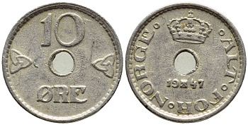 НОРВЕГИЯ 10 ЭРЕ 1947 ХОКОН VII (1905-1957) KM 383 медно-никель 4396-369