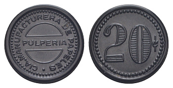 Чили шахтерский жетон с рудника Каличе (для добычи нитрата натрия) для покупки в местных магазинах (Pulperia), номиналом в 20 сентаво 1880-1920 диаметр 26 мм, вес 1,45 гр не описан в Espinosa эбонит (черный) 1087-10-55