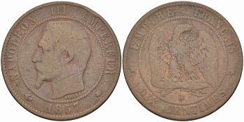Франция 10 сантимов 1857 BB, Наполеон III (1852-1870) KM 771.3, Le Franc 133.41 бронза    4680-643