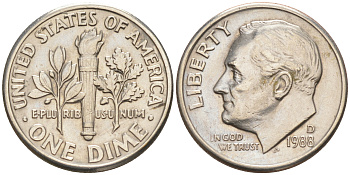 США 10 ЦЕНТОВ = 1 ДАЙМ 1988 D, РУЗВЕЛЬТ KM 195a медь плакированная медно-никелем 188-439