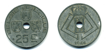 БЕЛЬГИЯ 25 САНТИМОВ 1944 BELGIE-BELGIQUE, ГЕРМАНСКАЯ ОККУПАЦИЯ, ВТОРАЯ МИРОВАЯ ВОЙНА KM 132 цинк 86-1233