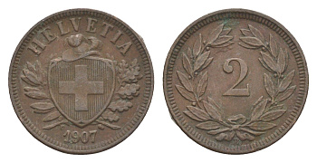 Швейцария 2 раппена 1907 B KM 4 бронза 4649-545