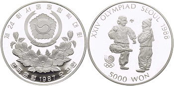 Южная Корея 5000 вон 1987 XXIV Летние Олимпийские игры в Сеуле 1988 года, национальный спорт Chegi Kicking KM 61 серебро PROOF 1076-10-61