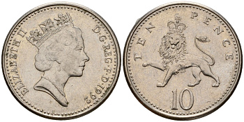 Великобритания 10 пенсов 1992 Елизавета II (1952-2022) KM 938b, Spink 4367 (F4) медно-никель 4601-445