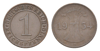 Германия 1 рейхспфенниг 1934 D KM 37, J. 313 бронза 4644-1049