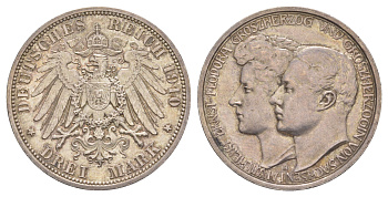 Саксен-Веймар-Эйзенах 3 марки 1910 A, Свадьба Вильгельма и Феодоры KM 221, J. 162 серебро 1523-1034