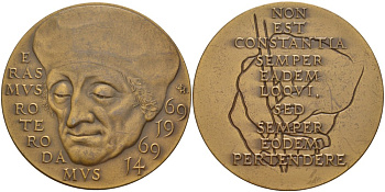 НИДЕРЛАНДЫ МЕДАЛЬ 1969 500 ЛЕТ СО ДНЯ РОЖДЕНИЯ ЭРАЗМА РОТТЕРДАМСКОГО 1469-1969, ГОЛАНДСКОГО УЧЁНОГО, ДИАМЕТР 50 ММ. бронза 1089-6-11