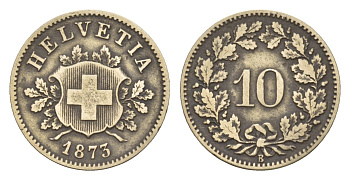 Швейцария 10 раппенов 1873 B, редкий год KM 6 серебро 1518-825