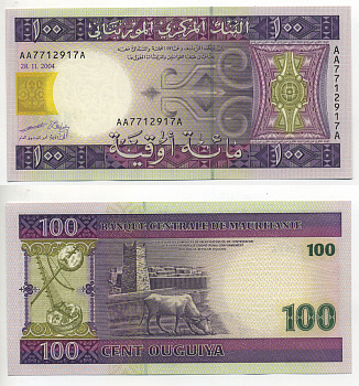 Мавритания 100 угуйя 2004 корова, мечеть Великой пятницы в Чингетти, 28 ноября 2004 Pick 10 а бумага UNC (пресс) 6280-1-3-1