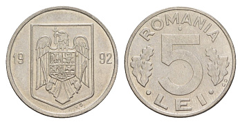 Румыния 5 леев 1992 KM 114 сталь плакированная никелем aUNC 4632-1041
