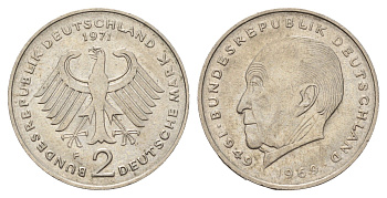 ФРГ 2 марки 1971 F, Конрад Аденауэр KM 124, J. 406 медно-никель 3459-951