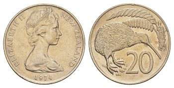 Новая Зеландия 20 центов 1974 Елизавета II (1952-2022), птичка киви KM 36 медно-никель 93-922