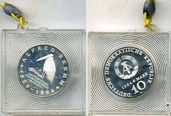 ГДР 10 марок 1984 A, 100 лет со дня смерти Альфреда Брема, тираж 5000 экз., в оригинальной упаковке, с пломбой KM 99 серебро PROOF 5-3-1-09