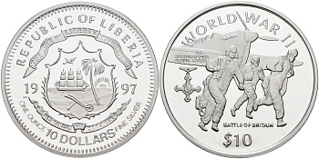 Либерия 10 долларов 1997 серия вторая мировая война, битва за Британию, тираж 25000 экз. KM 305 серебро PROOF 00-00