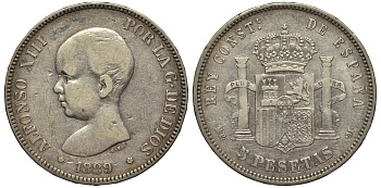 Испания 5 песет 1889 MP-M, Альфонсо XIII (1886-1931) KM 689 серебро 1525-233